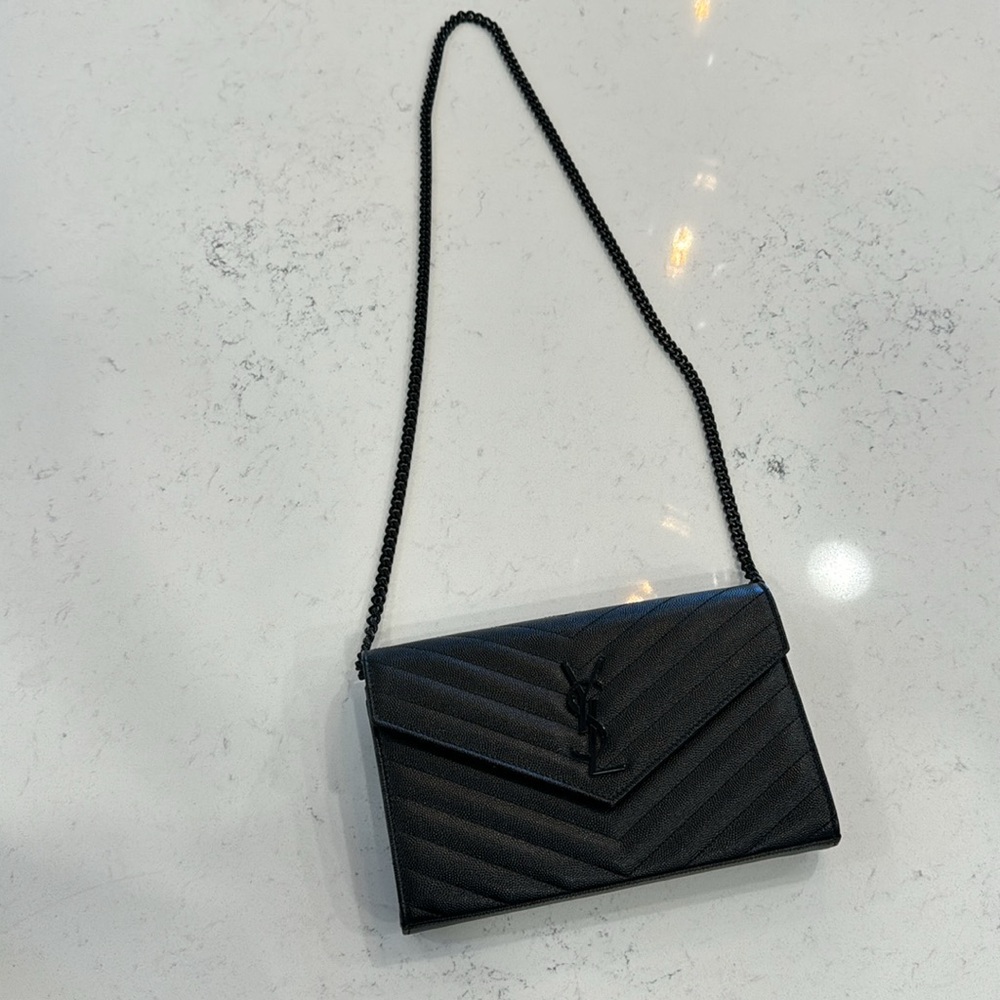 YSL monogram black on black large wallet on chain grained leather